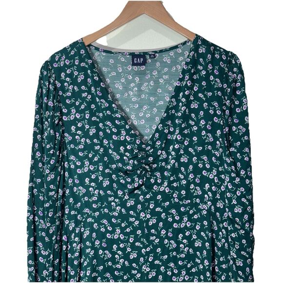 Gap Dress Womens Sz 20 Green Floral Long Sleeve Satin Puff Sleeve Midi V Neck - Picture 3 of 12